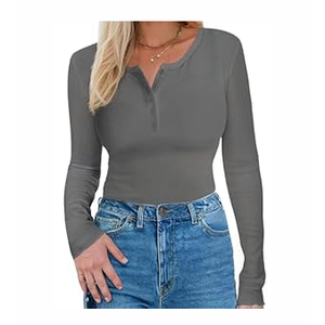 Long Sleeve Shirts for Women, Casual Solid Henley Tops Button Down Shirts, V Neck Blouses Basic Ribbed Knit T Shirts Tunic, Basic Fall Spring T-Shirts for Women for Cocktail Party Holiday (Gray, M)