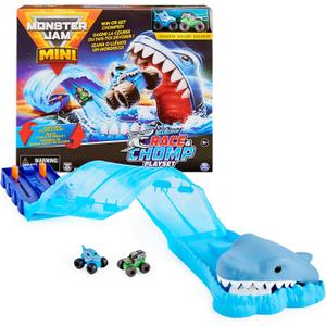 Monster Jam, Mini Megalodon Race and Chomp Playset with 2 Mini Trucks, 1:87 Scale, Kids Toys for Boys and Girls Ages 4-6+