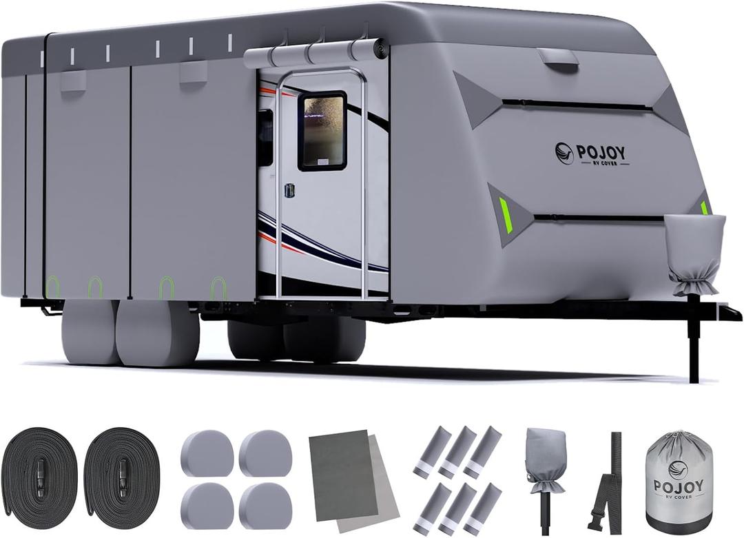 Waterproof Windproof RV Travel Trailer Cover, Anti-Rip Anti-UV 600D Oxford Fabric Camper Cover - with Tongue Jack Cover, Tire Covers, Gutter Covers, for 26'1"-28'6"