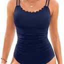 Daci Women's Tummy Control One Piece Scalloped Neck Bathing Suit | Ruched Design, Adjustable Straps, Full Coverage, Removable Pads, Soft Stretch Fabric, Retro Vibes (Blue, L)