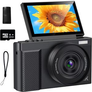 4K Digital Camera,64MP Camera for Photography with 3" 180 Flip Screen,16X Vlogging Camera for YouTube with 64GB Micro SD Card for Beginner, Teens