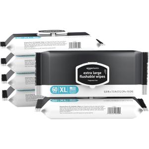 Basics Extra Large Flushable Wipes, Fragrance Free, pH Balanced, with Vitamin E & Aloe, Hypoallergenic, 360 Wipes, 6 Packs of 60, Resealable Closure