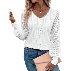 SweatyRocks Women's Lace Eyelet V Neck Tops Casual Long Sleeve Shirts Going Out T Shirts (XL)