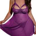 OYOANGLE Women's Plus Size Lingerie Set Lace Sheer Cut Out Strap Nightgown V Neck Mesh Sleepwear (XX-Large Plus, Purple)