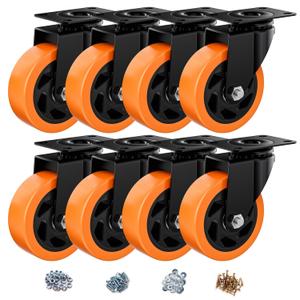 4 Inch Caster Wheels, Casters Set of 8 Heavy Duty, Orange Polyurethane (PU) Casters, Industrial Swivel Top Plate Castor Wheels for Workbench/Furniture/Cart (Pack of 8)