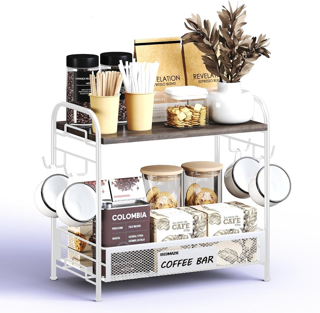 Coffee Bar Organizer for Countertop Station, Simple Assembly 2 Tier Shelf for Home,Office, Coffee Cup Holder Storage Organization for Counter Accessory Storage Rack with 4 Hooks Space-Saving