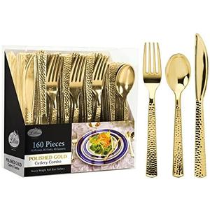 Plastic Cutlery Silverware Extra Heavyweight Disposable Flatware, Full Size Cutlery Combo, Gold Pebbled, 80 Forks, 40 Spoons, 40 Knifes, Value Pack 160 Count