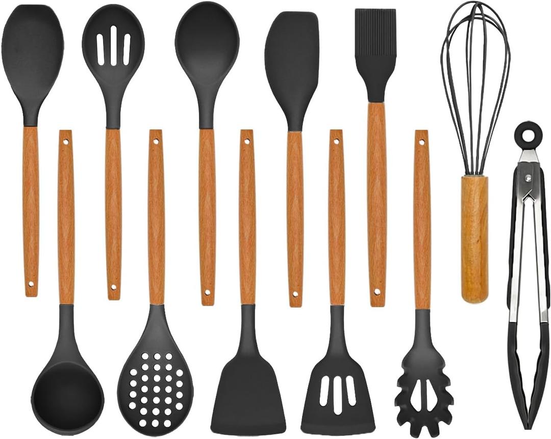 Kitchen Utensils Set - 12 Pcs Silicone Cooking Utensils Set with Wooden Handle - Heat Resistant Non-Stick BPA Free Spatula Set,Turner, Spoon, Brush, Silicone Kitchen Gadgets Utensil Set (Black)