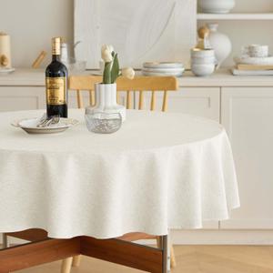 Waterproof Faux Linen Tablecloth for Round Dining Table, Decorative Fabric Rustic Tablecloth Cover for Holiday, Banquet, Outdoor & Kitchen Table(60 Inch, Round (2-4 Seats), Ivory)