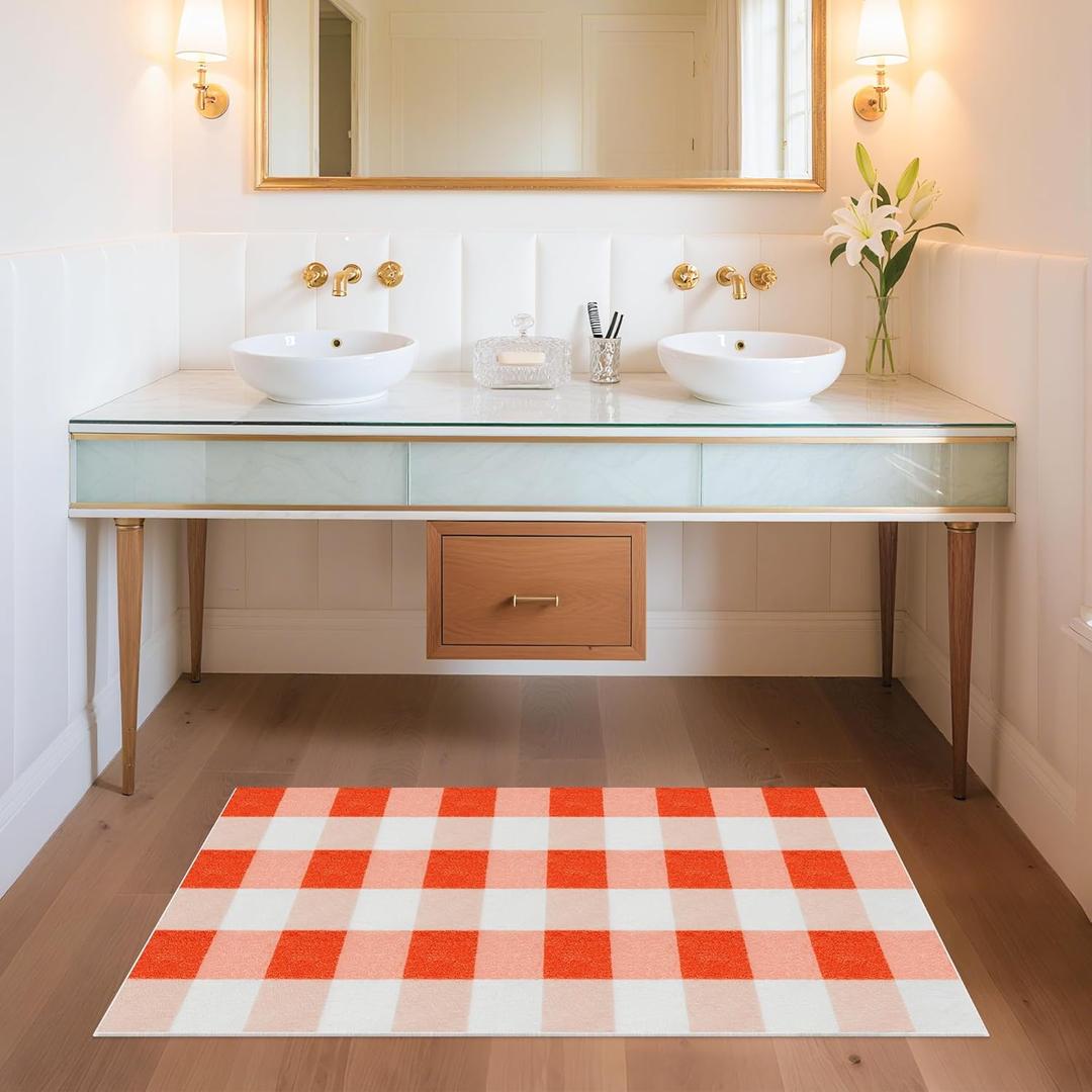 Checkered Machine Washable Entry Runner Rug,Small 2x4 ft for Kitchen Bathroom Indoor Mat,Non Slip Rubber Backing, Stain & Fade Resistant Soft Beside Rug for Livingroom Bedroom,Orange and White