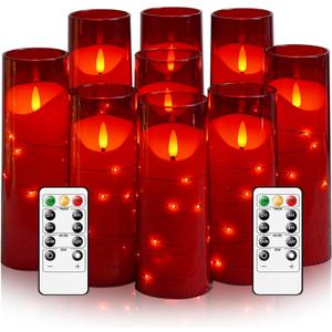 Flameless Candles with Embedded Star String, Battery Operated LED Pillar Candles with Timer and Remote Control,Home Decorating for Ambiance Set of 9 (Red)