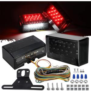 Partsam 12V LED Rectangular Trailer Light Kit, Sealed Rectangle IP68 Waterproof Truck Marine Boat Trailer Stop Turn Tail License Plate Brake Running Lights w 25ft Wiring Harness & Bracket