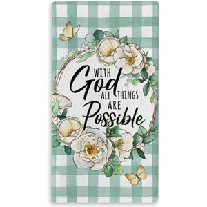 3 x Christian with God All Things are Possible Kitchen Dish Towel, Religious Inspirational Floral Drying Hand Towel Baking Cooking Cloth, Flowers Buffalo Plaid Farmhouse Home Decoration 18'' x 26''