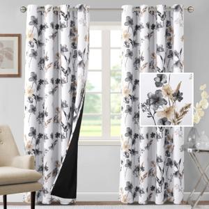 H.VERSAILTEX 100% Blackout Curtains 84 inch Length 2 Panels Set Cattleya Floral Printed Drapes Leah Floral Thermal Curtains for Bedroom with Black Liner Sound Proof Curtains, Grey and Taupe, Size: 52"W x 84"L 