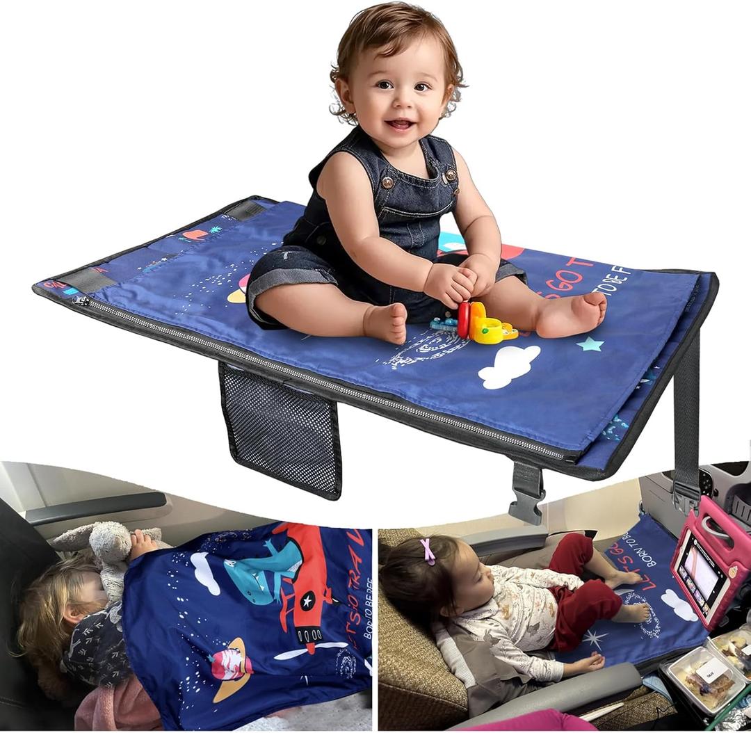 Kids Airplane Bed with Quilt, Safe and Cozy Toddler Travel Essential Seat Extender for Babies, Airplane Must Have for Toddlers (Blue)
