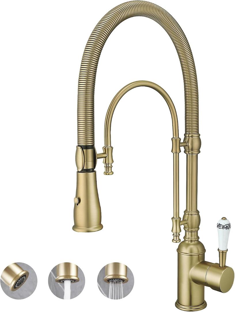 Antique High Arc Classical Single Handle Spring Kitchen Faucet with Pull Down Sprayer, Swiveling Commercial Kitchen Sink Faucets for Farmhouse, Vintage Sink Faucet, Brushed Gold