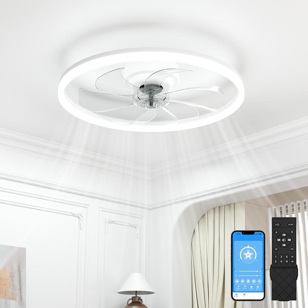 VOLISUN Low Profile Ceiling Fans with Light and Remote, 20in Fandelier Ceiling Fan with Lights, 3000K-6500K Dimmable Flush Mount LED Fan Light, White Bladeless Ceiling Fans with Lights for Bedroom
