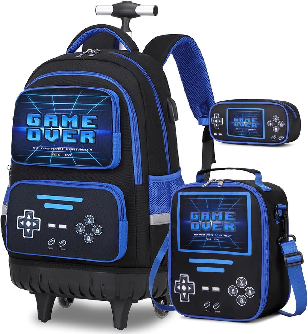 Rolling Backpack for Boys - Roller Wheels School Bookbag with Lunch Bag & Pencil Pouch for Teen Boys Kids Wheeled Suitcase Backpacks, Elementary Middle School Travel Daypack (Black)