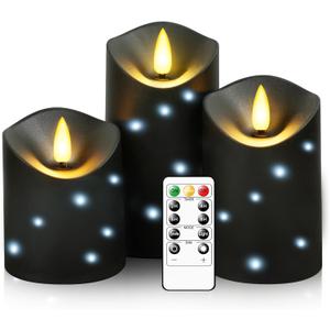 kakoya Outdoor Waterproof Flickering Flameless Candles with Embedded Star String,3Pcs LED Pillar Candles Battery Operated with Remote and Timers for Courtyard,Porch,Camping,Holiday Decoration(Black) (D3.25xH4"5"6")