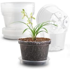 RooTrimmer 12 Pack 8 Inch Clear Plant Pots with Saucers, Transparent Plastic Nursery Pots with Drainage Hole, Sturdy Garden Planter Pots, Planting Starter Pots for Indoor Outdoor