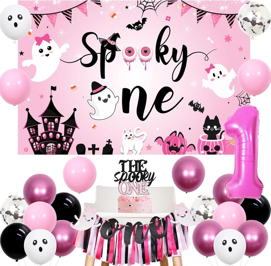 Halloween 1st Birthday Party Decorations for Girl Spooky One Backdrop Pink Black Hot Pink Balloons High Chair Banner Cake Topper for First Birthday Party Supplies