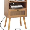 AWASEN Mid Century Nightstand with Charging Station, Modern Bedside Table with Glass Decorative Drawer, Small End Side Table with 2 Tiers Storage for Bedroom, Office and Small Space (Brown)