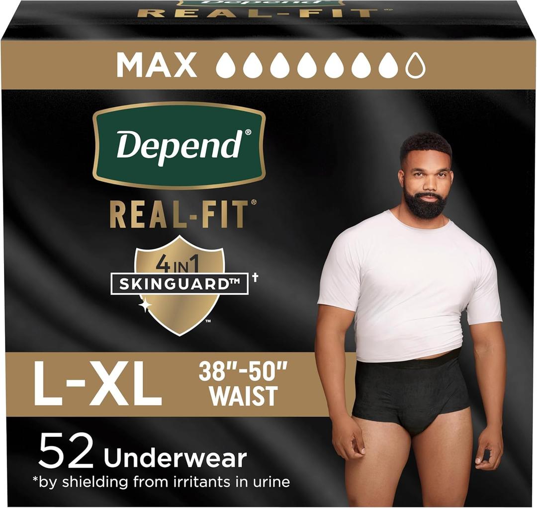 Depend Real Fit Adult Diapers, Incontinence Underwear for Men, Disposable, Maximum Absorbency, Large/Extra Large, Black, 52 Count (2 Packs of 26)