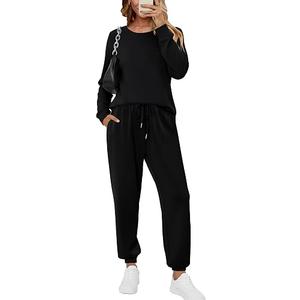 KISSMODA Womens 2 Piece Sets 2025 Casual Sweatsuit Outfits Tracksuits Long Sleeve Crewneck Tops and Pants Lounge Set Black Medium