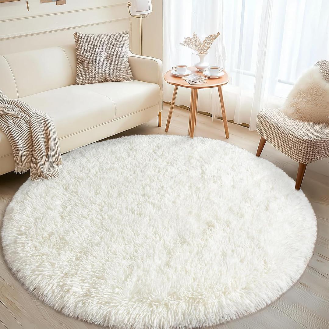 Round White Rug for Bedroom, 5 ft Circle Area Rugs for Living Room, Soft Fluffy Shag Carpet for Teen Girls Boys Nursery Room Dorm Home Decor Aesthetic