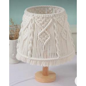 Boho Macrame Table Lamp – Handmade Bedside Light with Wooden Base, White Ivory Boho Decor for Bedroom, Living Room, Nursery – E26/E27 Compatible Nightstand Lamp – by Elvirka