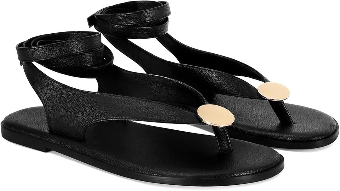 Flat Sandals for Women Strappy Sandals Comfortable Dressy Beach Flip Flop Slides Thong Sandals for Women with Metal Circular, 8.5, Black Pu