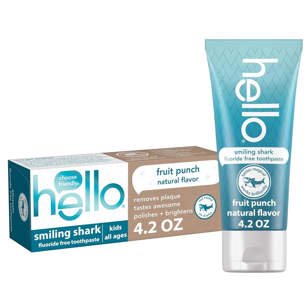 Hello Smiling Shark Fluoride Free Kids Toothpaste, Natural Fruit Punch, 4.2 Oz Tube
