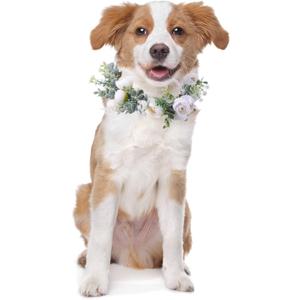 Honoson Dog Wedding Flower Collar Adjustable Artificial White Rose Floral Attire Wreath with Ribbon Photo Prop Accessories for Female Male Dog Engagement Bridal Shower(Large)