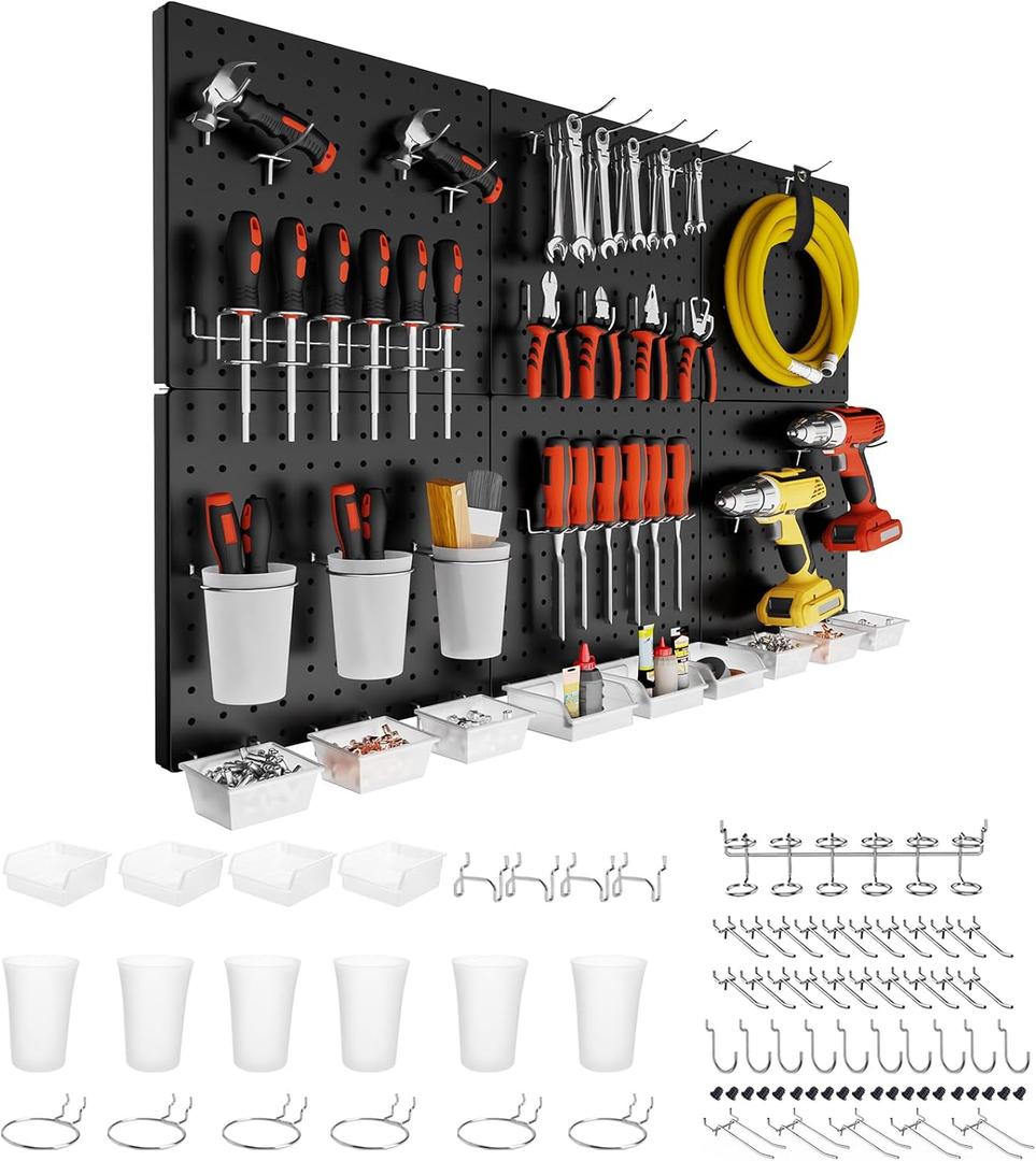 FZK Peg Board Wall Organizer Kit. Heavy Duty, 82PCS Metal Pegboard, Black, 36 * 24