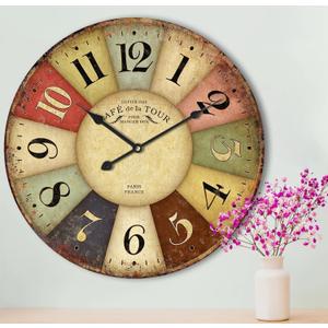 24 Inch Vintage Wall Clocks French Style Retro Wall Clock Large Farmhouse Clocks Retro Colorful Wall Clock Decorative Battery Operated Silent Scan Non-Ticking for Home Living Room Bedroom (Gold)