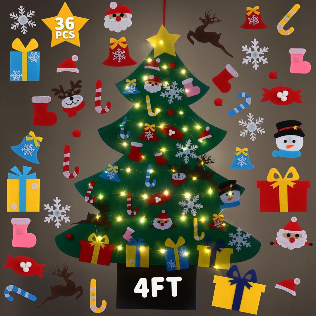 4ft Felt Christmas Tree for Toddlers with LED Light & 36pcs Ornaments, Montessori DIY Xmas Decorations - 4 Feet