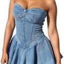 NRTHYE Women's Sexy Strapless Denim Dress Off Shoulder Corset Tube Summer Mini Jean Dresses M