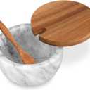 Salt Cellar Box with Lid & Spoon, Modern White Stone Salt or Pepper Sugar Spice Seasoning Bowl Container Jar Holder Well Keeper Dish Pig Crock for Kitchen (White/Grey Marble Bowl)