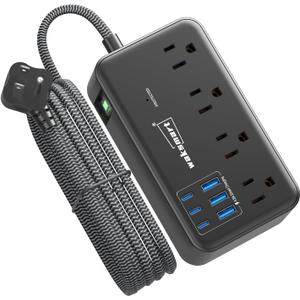 Surge Protector Power Strip (2800J), 8 AC Outlets with 6 USB Ports 4.8A/24W Charging Station for iPhone 15 Series, 5ft Flat Extension Cord, Wall Mount for Home, Travel, Office