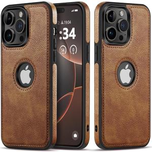 for iPhone 14 Pro Max Case Luxury Leather Logo Visible Vintage Ultra Slim Protective Cover 2022 6.7 Inch (Brown)