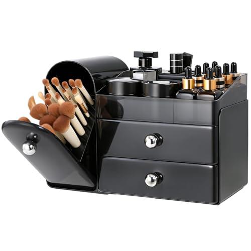 TRQWRO Makeup Organizer with Makeup Brush Holder for Vanity,Large Skincare Organizers with Drawers,Bathroom Countertop Organizer,Storage Lipstick,Perfume,Nail Polish,Beauty,Mothers Day Gifts