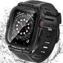 Goton 3 in 1 Waterproof Case with Band for Apple Watch with Built-in Tempered Glass Screen Protector 44mm, 360 Shockproof Bumper Face Cover with Band for Apple Watch SE 3/SE 2/SE, Series 6/5/4, 44mm (Black)