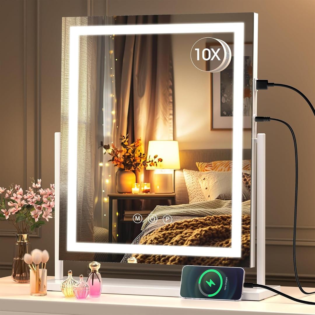 Hasipu Vanity Mirror with Lights, 16" x 20" LED Makeup Mirror, Light up Mirror with Smart Touch 3 Color Modes and Brightness Adjustment, 10X Magnifying Glass,360 Rotation (White)