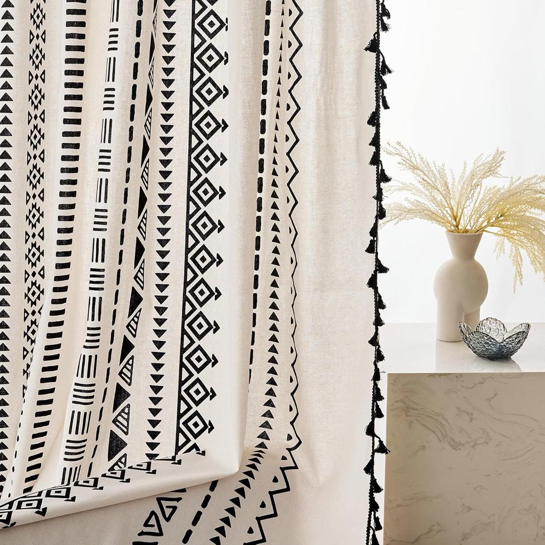 Boho Curtain Bohemian Window Curtains with Black Geometric Pattern & Tassels Fringe Rod Pocket Cotton Drapes for Bedroom Living Room Kitchen (59" Wide x 63" Long, 2 Panels)