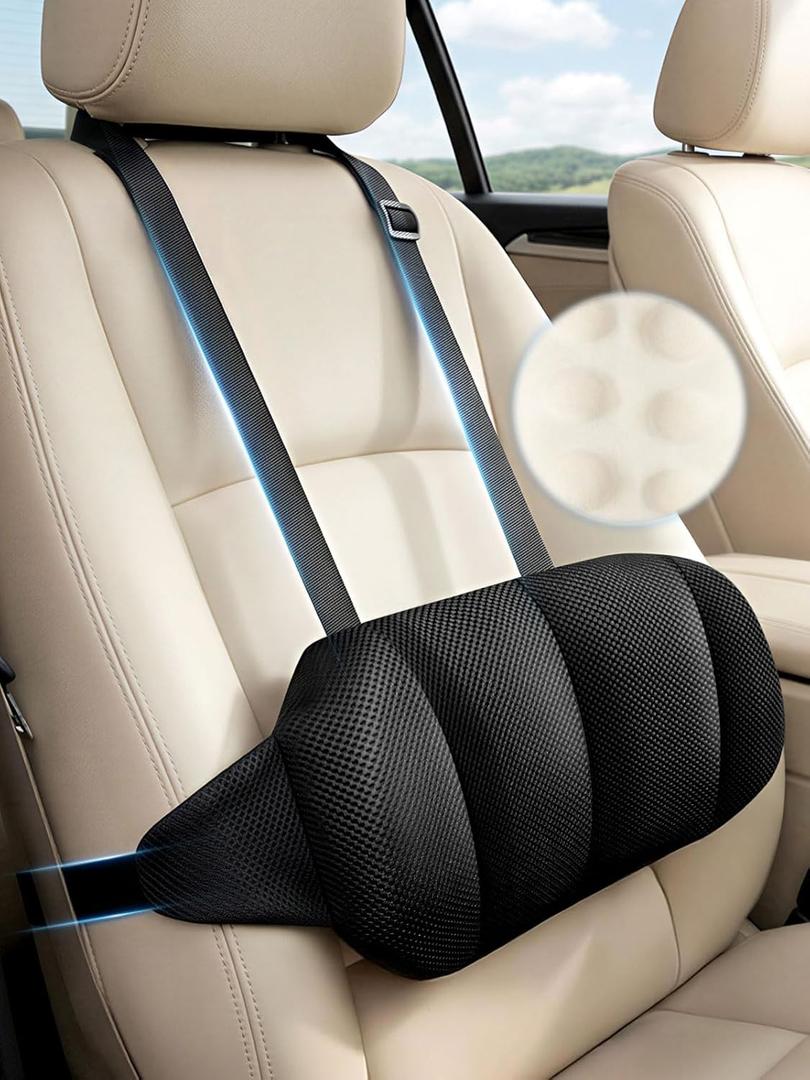 Adjustable Car Seat Lumbar Support Pillow Dual Straps Memory Foam Lower Back Waist Support Cushion with Convex Point Design Removable Cover for Vehicle SUVs Driving Travel Accessories Office Chair