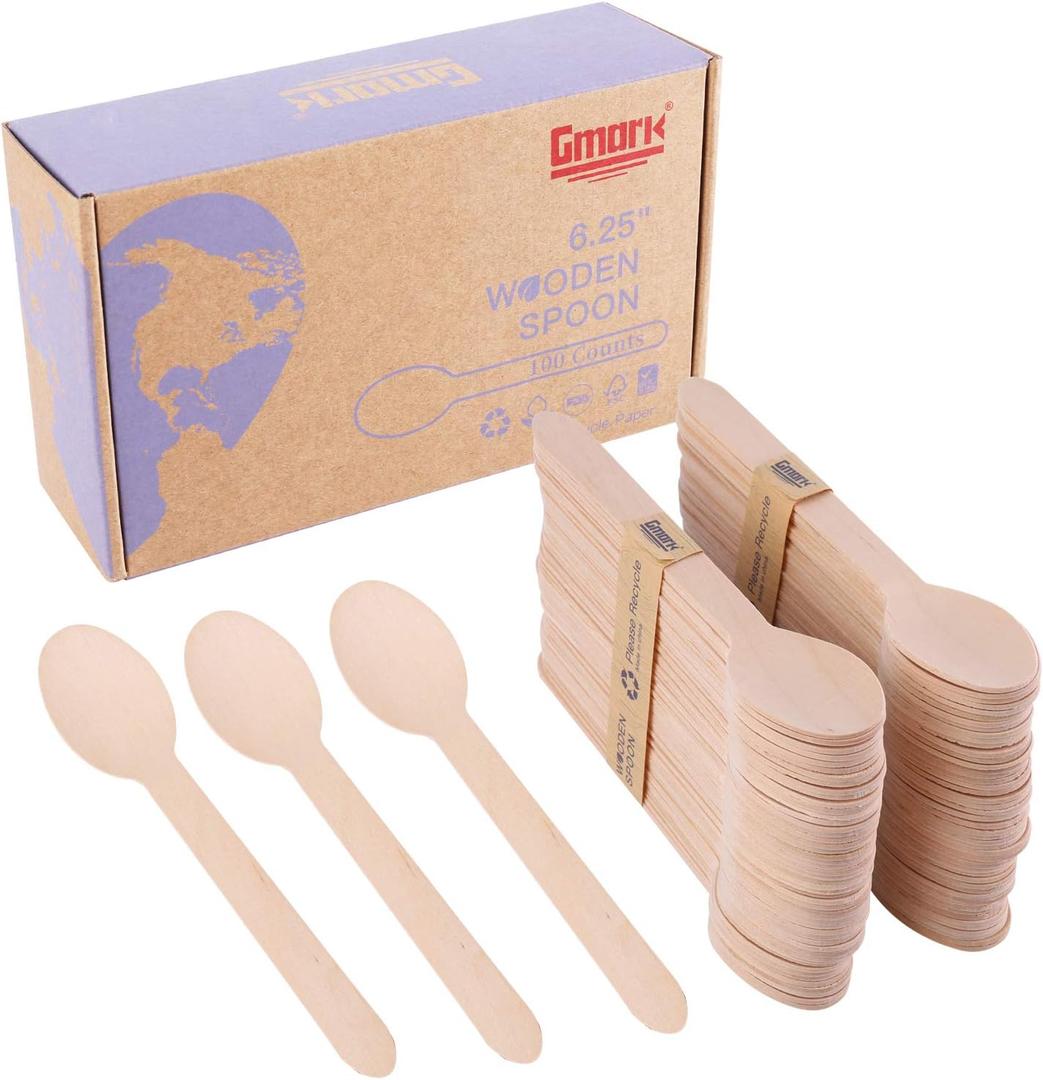 Gmark 100 ct Wooden Spoons, 6.5" Length, No Plastic Earth-Friendly, Disposable Biodegradable Wooden Cutlery, Green Product (Bag of 100pcs) GM1045