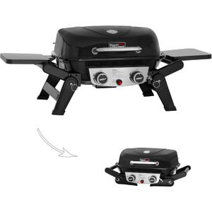 Royal Gourmet GT2005 2 Burner Portable Propane Gas Grill with Foldable Side Tables & Foldable Support Legs, Tabletop Gas Grill with Warming Rack for Outdoor Cooking & Grilling, Black