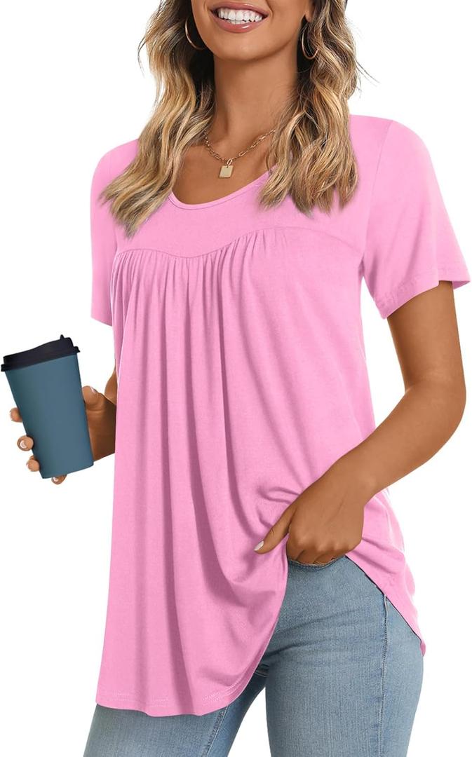 LONGYUAN Womens Tunic Tops 2025 Short Sleeve Shirts Summer Casual Tee Comfy Blouses (3X-Large, Pink)