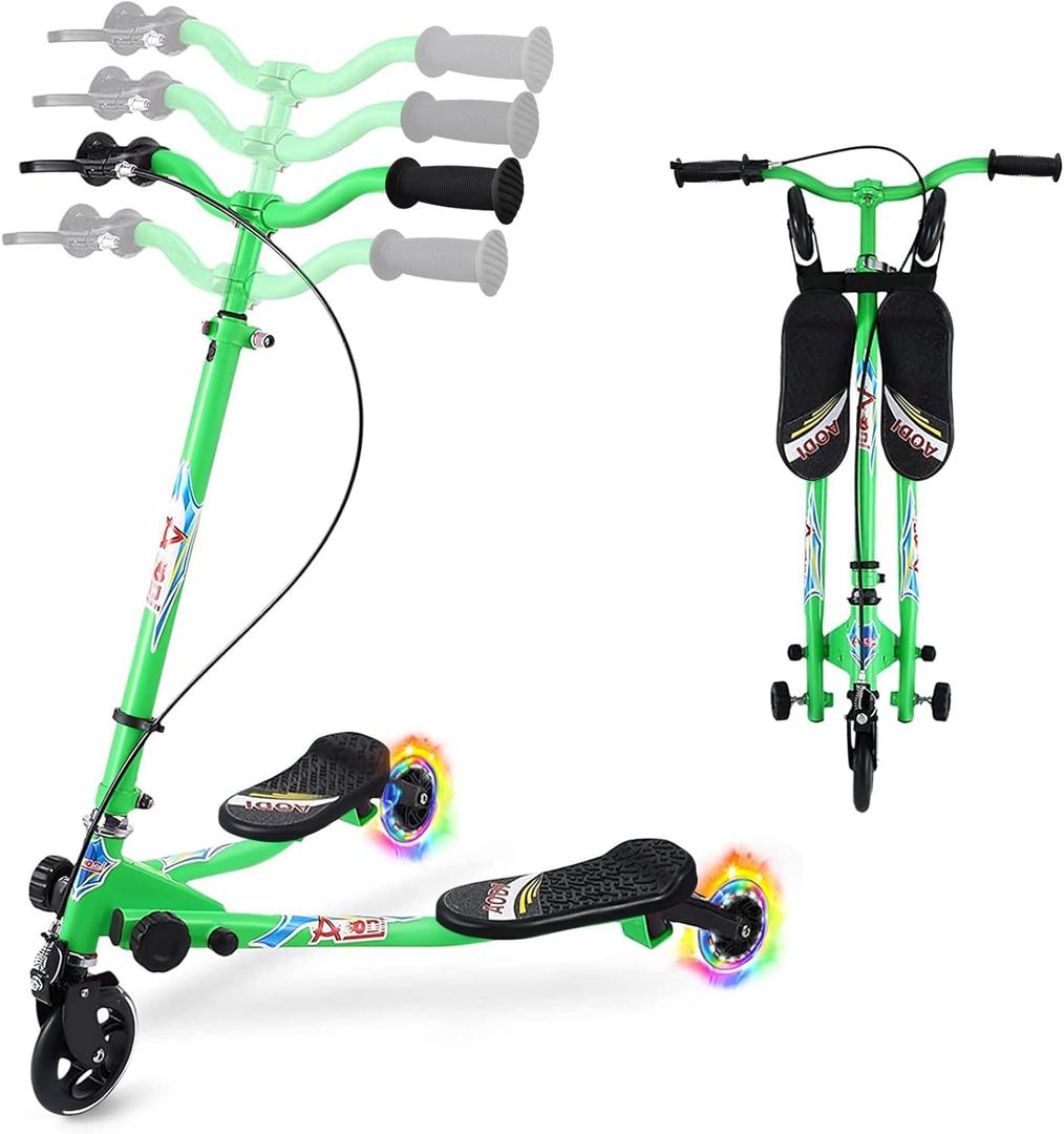Swing Scooter for Kids, 3 Wheels Foldable Wiggle Kick Scooter Push Drifting with 4 Adjustable Handlebar & 2 Rear LED Wheel for Boys and Girls Ages 3-8 (Green)