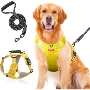 Wanheart Anti-Yank Dog Safety Vest with 2 Belt Buckles, Adjustable Soft Padding, Reflective Oxford Material, with Easy Control Handle (Yellow, L:Neck (18-25''), Chest (21-27''), 30-49lbs)